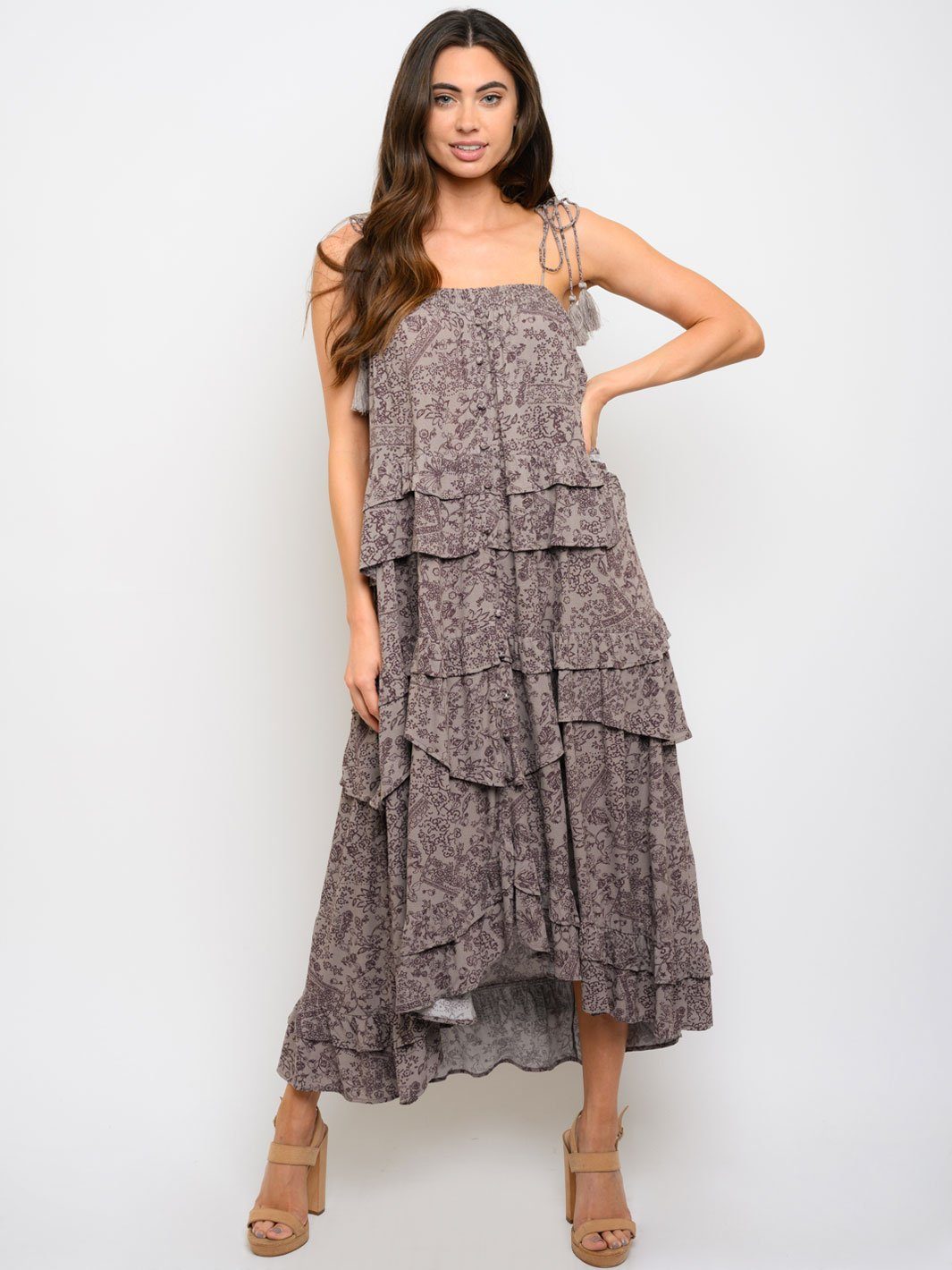 WOMEN'S RUFFLE LAYERED BUTTONS DETAIL MAXI DRESS