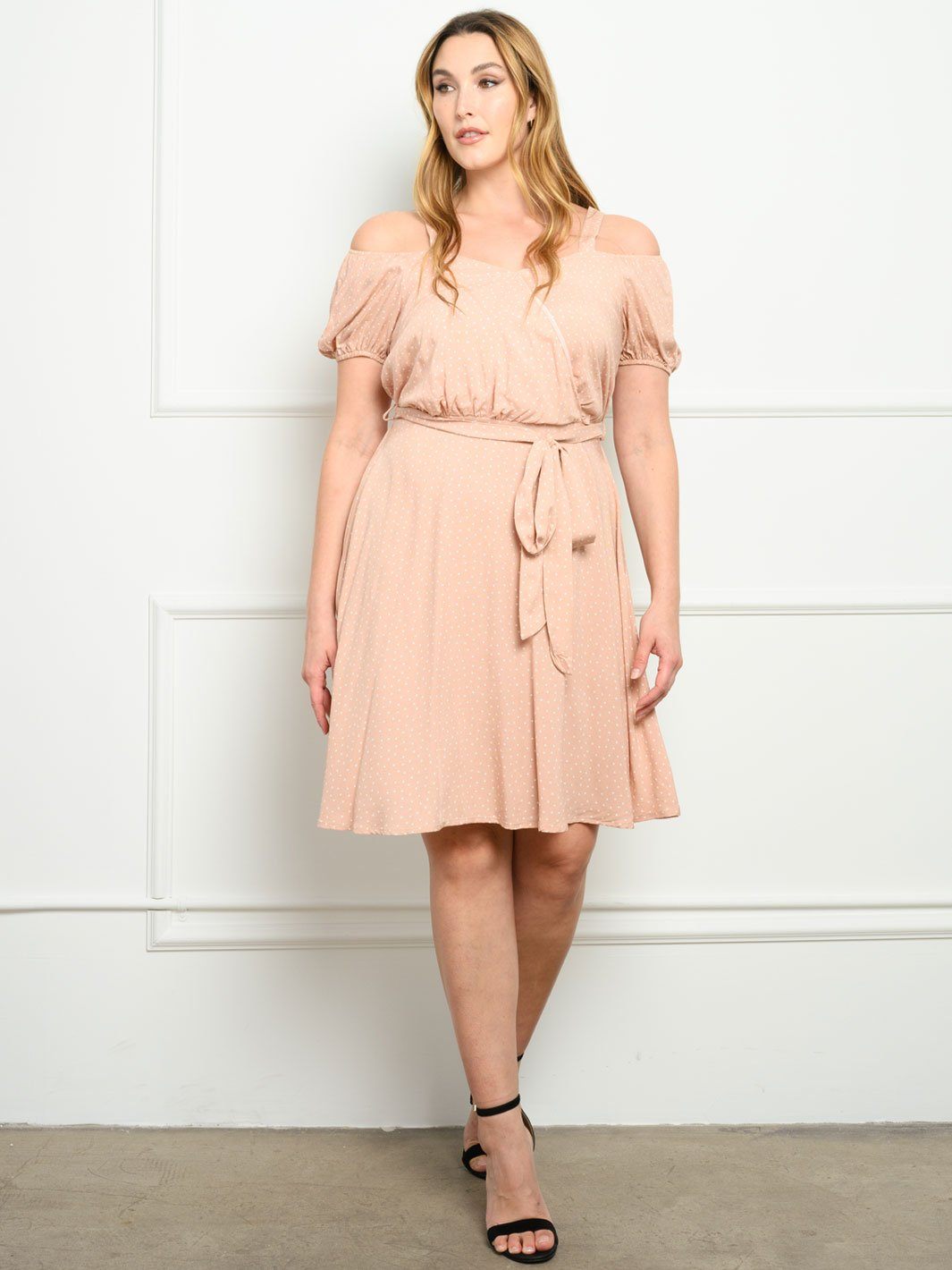 PLUS SIZE SHORT SLEEVE POLKA DOTS COLD SHOULDER MINI DRESS