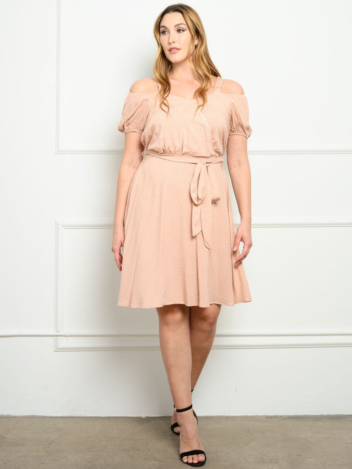 PLUS SIZE SHORT SLEEVE POLKA DOTS COLD SHOULDER MINI DRESS