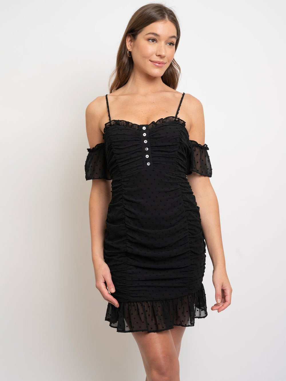 WOMEN'S RUCHED SWISS DOTS COLD SHOULDER DRESS