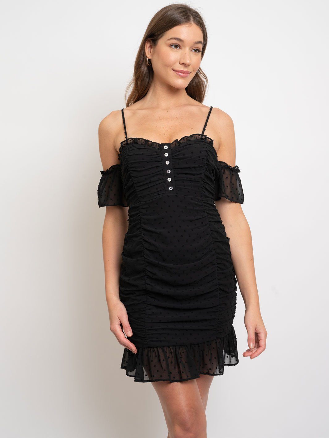 WOMEN'S RUCHED SWISS DOTS COLD SHOULDER DRESS