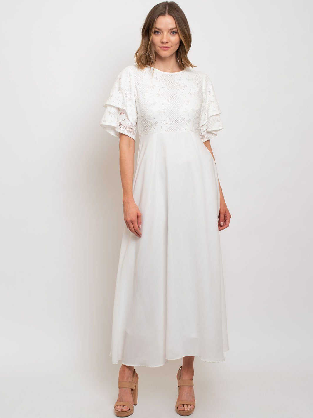 WOMEN'S MOCK-NECK LACE TRIMMED MAXI DRESS