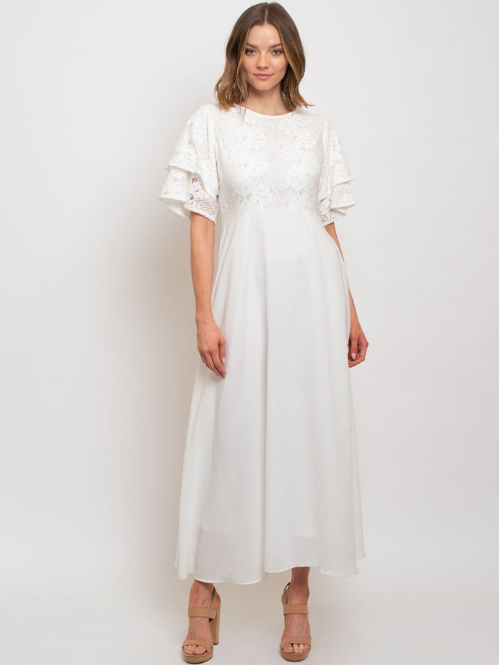 WOMEN'S MOCK-NECK LACE TRIMMED MAXI DRESS