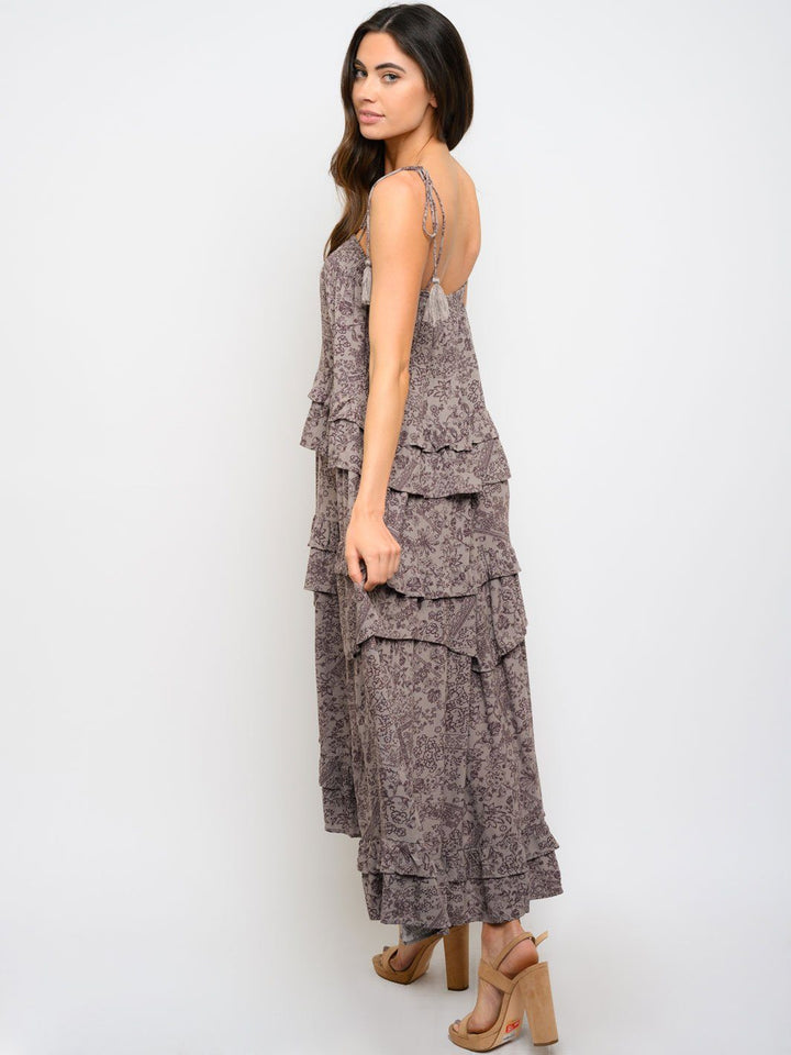 WOMEN'S RUFFLE LAYERED BUTTONS DETAIL MAXI DRESS