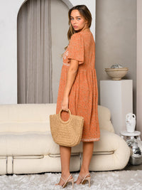 WOMEN'S SHORT SLEEVE EMBROIDERY DETAILED V-NECK MIDI DRESS