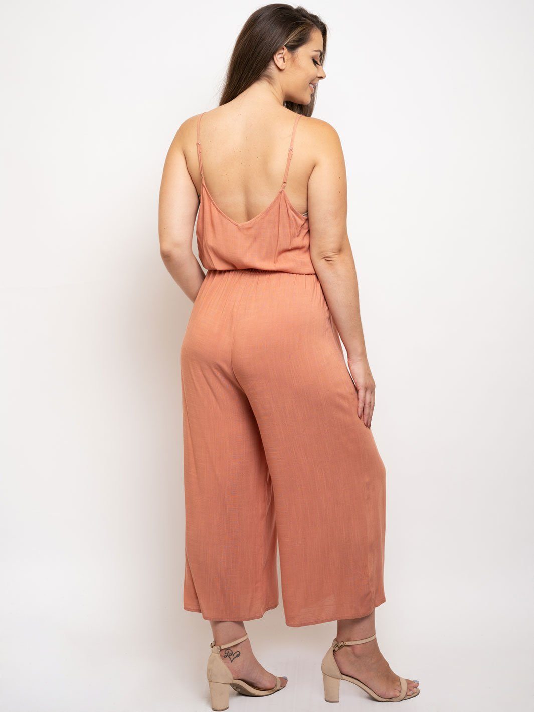 PLUS SIZE SELF TIE V-NECK JUMPSUIT