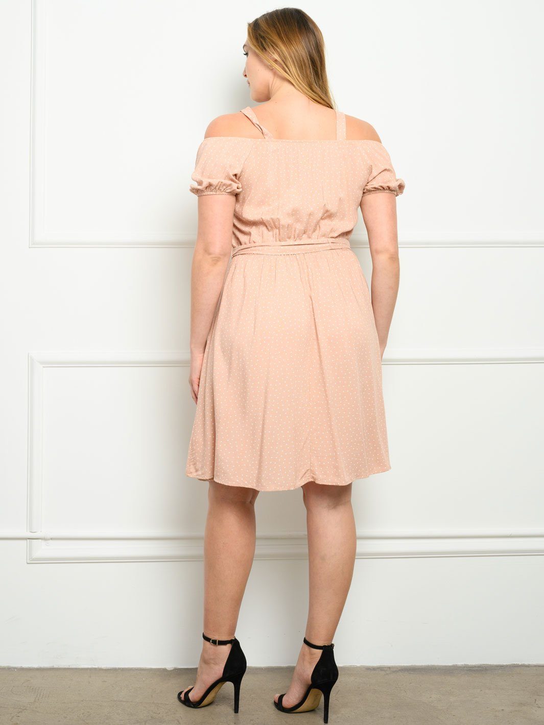 PLUS SIZE SHORT SLEEVE POLKA DOTS COLD SHOULDER MINI DRESS