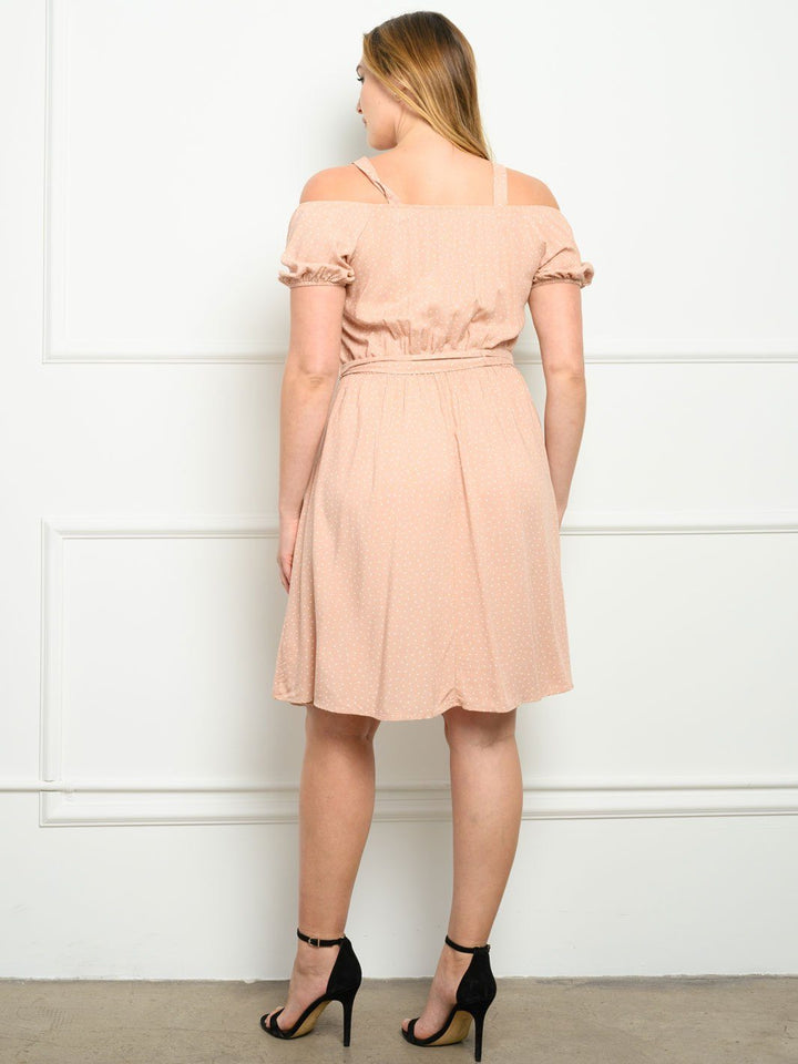 PLUS SIZE SHORT SLEEVE POLKA DOTS COLD SHOULDER MINI DRESS