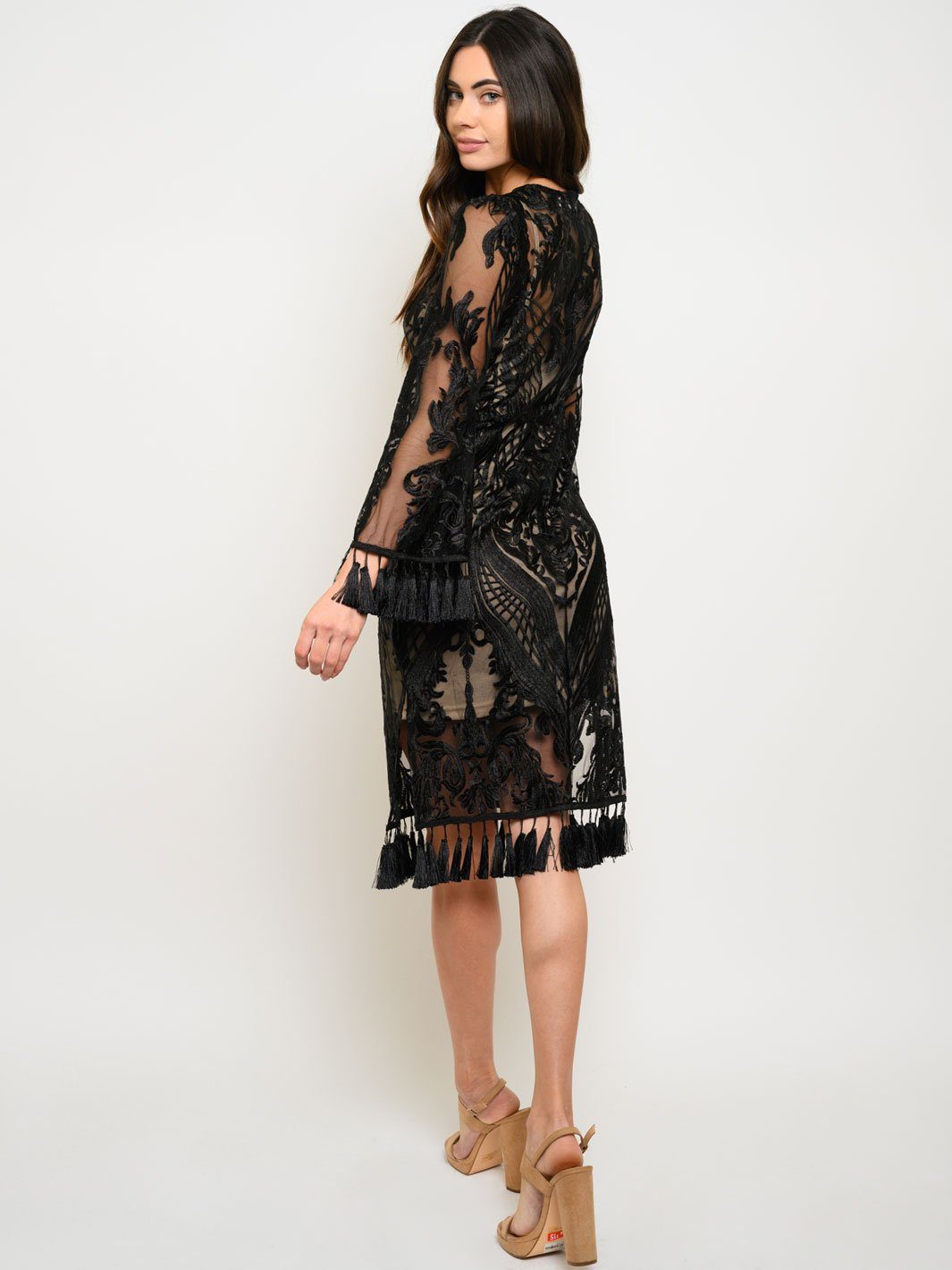 WOMEN'S 2PC. LACE TASSEL DETAIL LONG SLEEVE MIDI DRESS