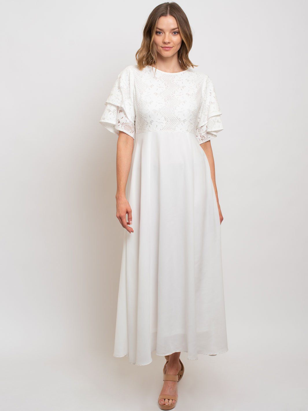 WOMEN'S MOCK-NECK LACE TRIMMED MAXI DRESS