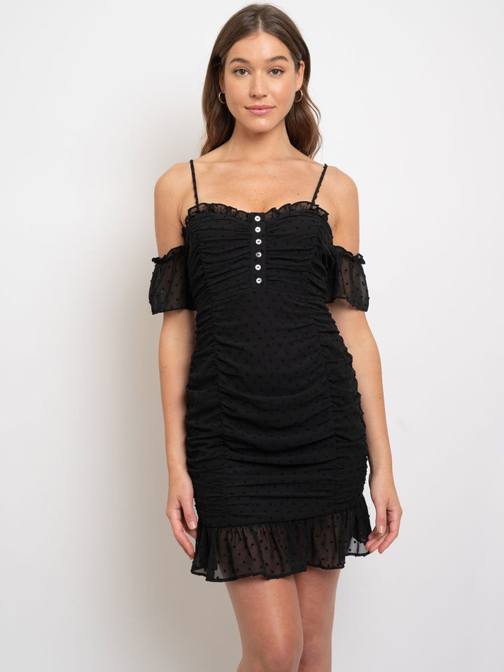 WOMEN'S RUCHED SWISS DOTS COLD SHOULDER DRESS