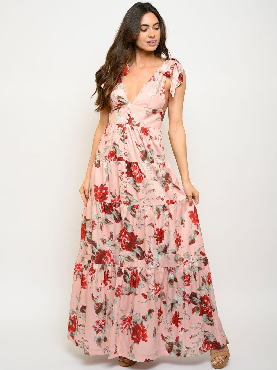 WOMEN'S FEATHER ROSE TIES MAXI DRESS