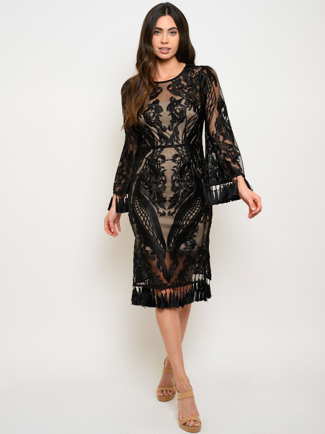 WOMEN'S 2PC. LACE TASSEL DETAIL LONG SLEEVE MIDI DRESS