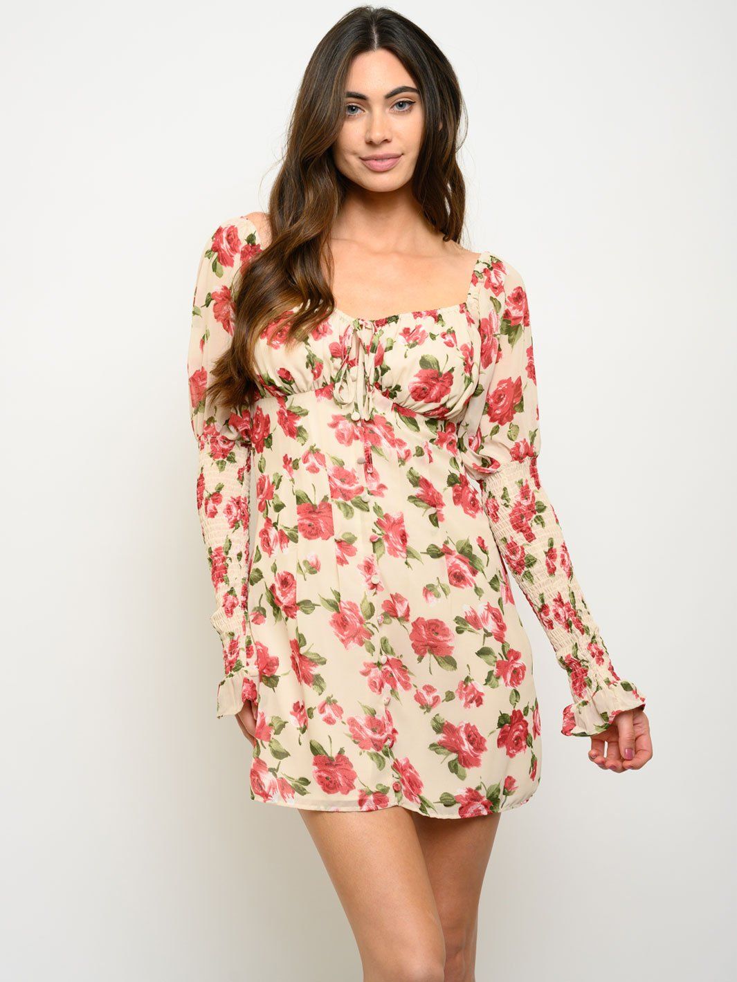 WOMEN'S FALL ROSES SMOCKED SLEEVE DRESS