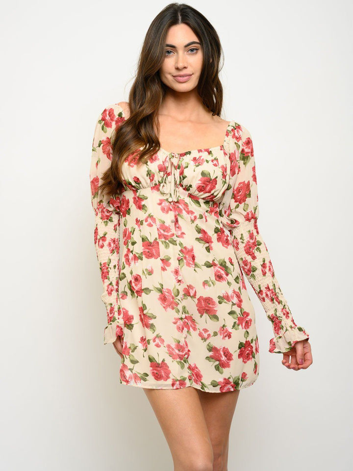 WOMEN'S FALL ROSES SMOCKED SLEEVE DRESS
