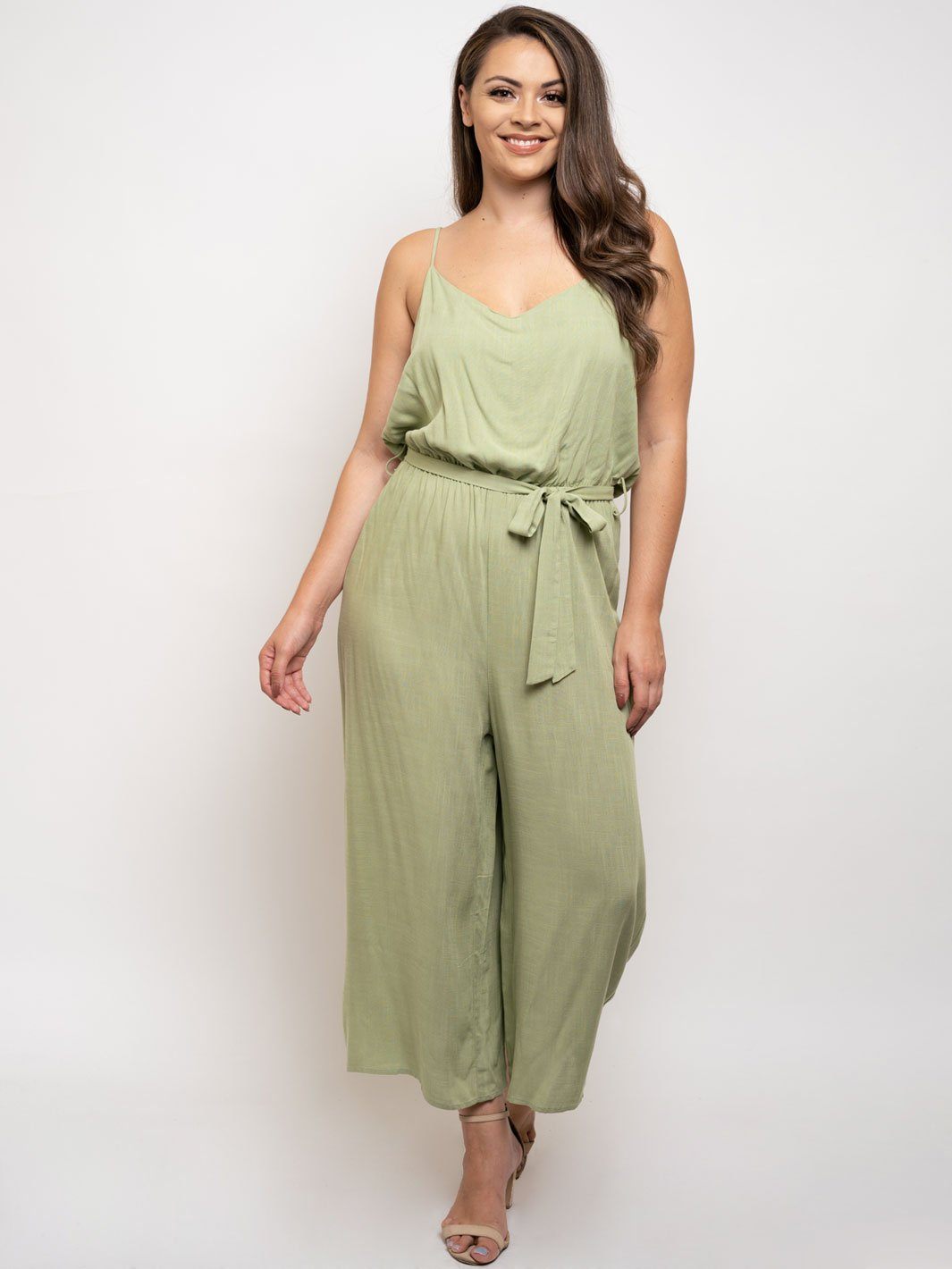 PLUS SIZE SELF TIE V-NECK JUMPSUIT