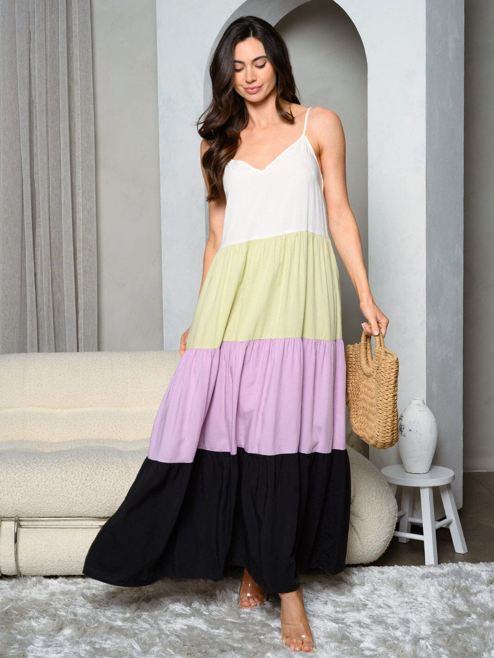 WOMEN'S SLEEVELESS V-NECK TIERED COLORBLOCK MAXI DRESS