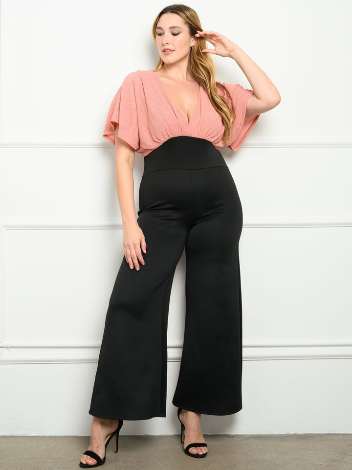 PLUS SIZE WOVEN TOP KNIT PANTS JUMPSUIT