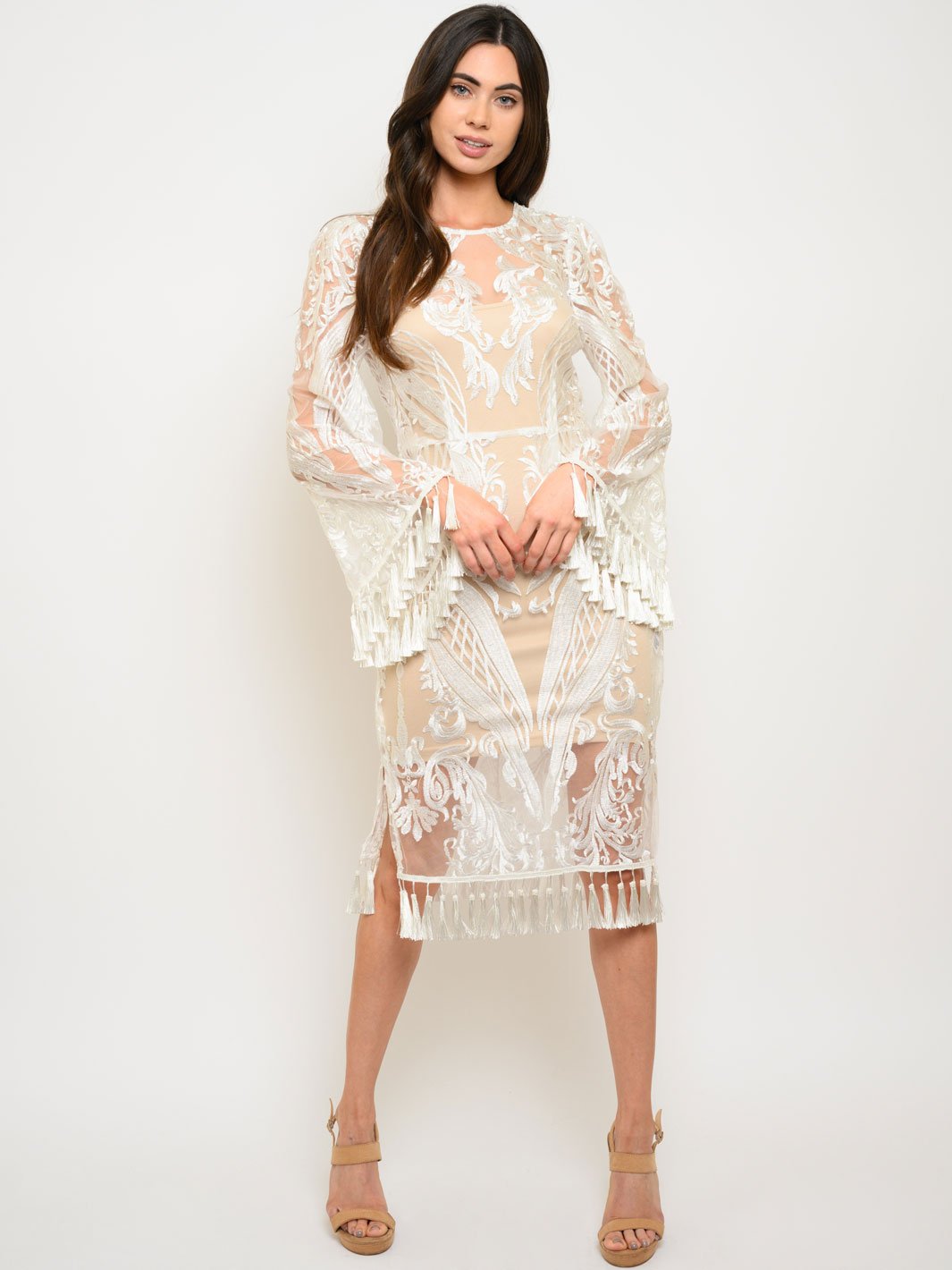 WOMEN'S 2PC. LACE TASSEL DETAIL LONG SLEEVE MIDI DRESS