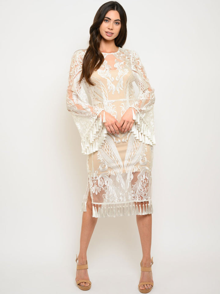 WOMEN'S 2PC. LACE TASSEL DETAIL LONG SLEEVE MIDI DRESS