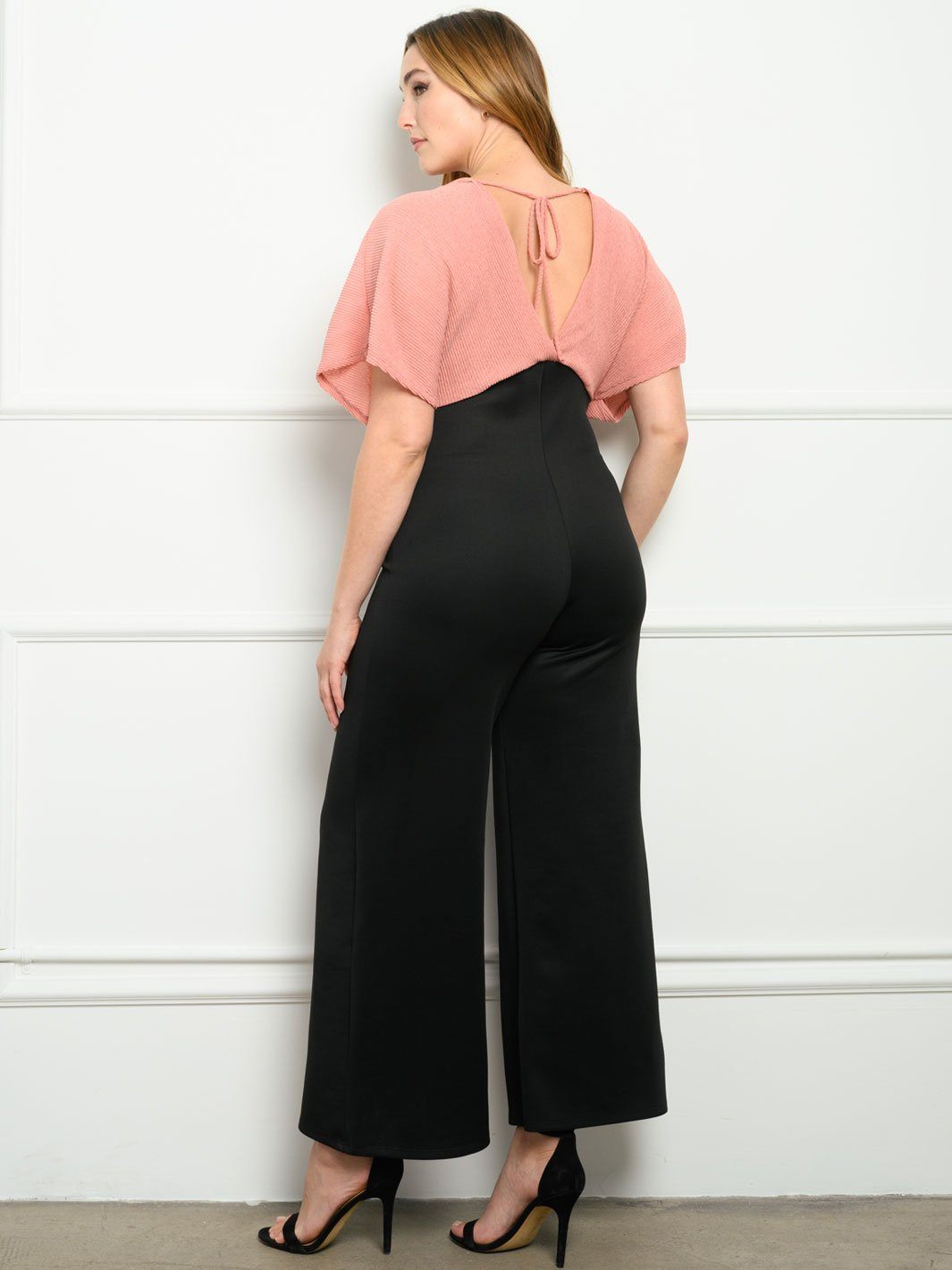 PLUS SIZE WOVEN TOP KNIT PANTS JUMPSUIT