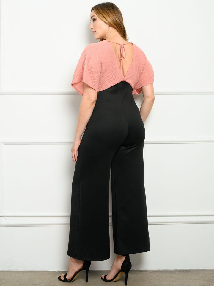 PLUS SIZE WOVEN TOP KNIT PANTS JUMPSUIT