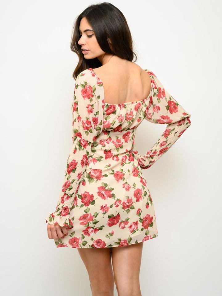 WOMEN'S FALL ROSES SMOCKED SLEEVE DRESS