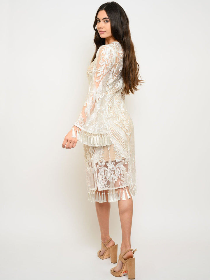 WOMEN'S 2PC. LACE TASSEL DETAIL LONG SLEEVE MIDI DRESS