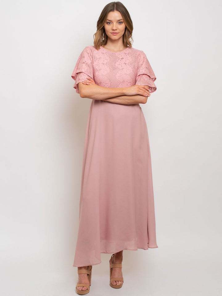 WOMEN'S MOCK-NECK LACE TRIMMED MAXI DRESS