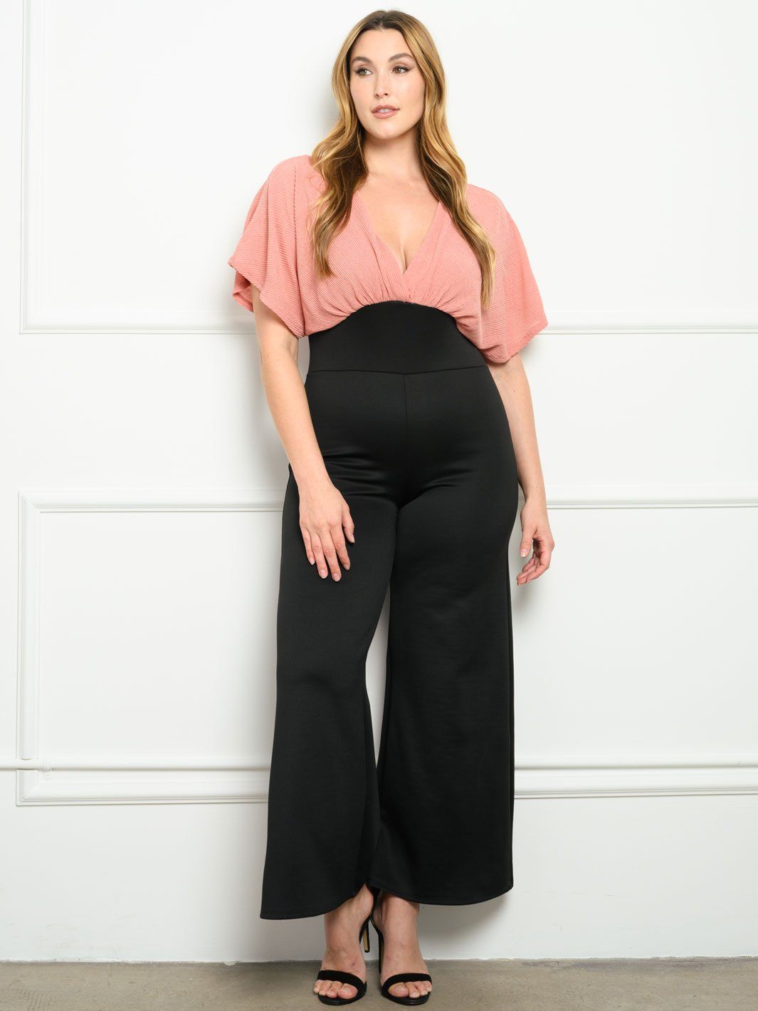 PLUS SIZE WOVEN TOP KNIT PANTS JUMPSUIT
