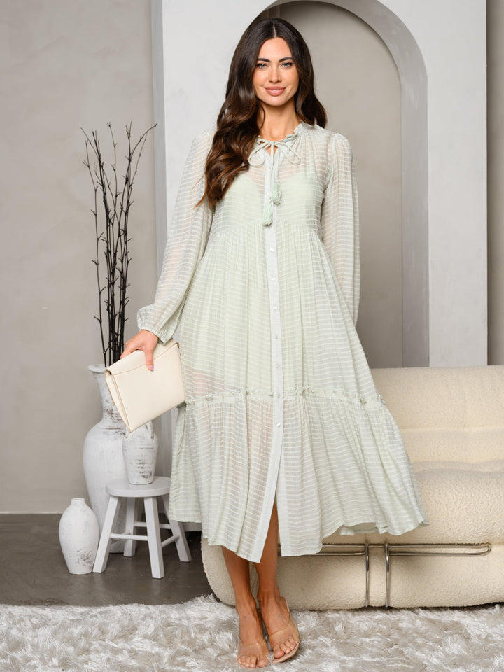 WOMEN'S LONG SLEEVES BUTTON UP NECK TIE TIERED MAXI DRESS
