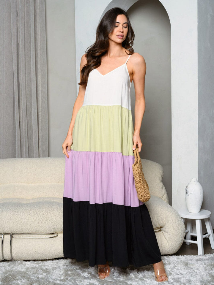 WOMEN'S SLEEVELESS V-NECK TIERED COLORBLOCK MAXI DRESS