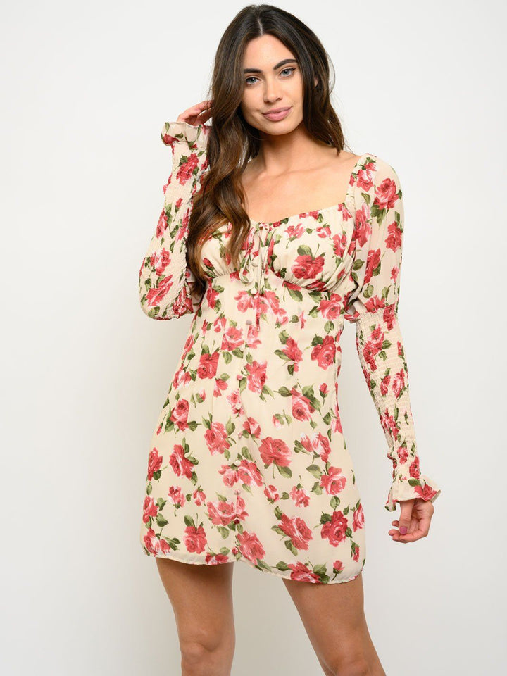 WOMEN'S FALL ROSES SMOCKED SLEEVE DRESS