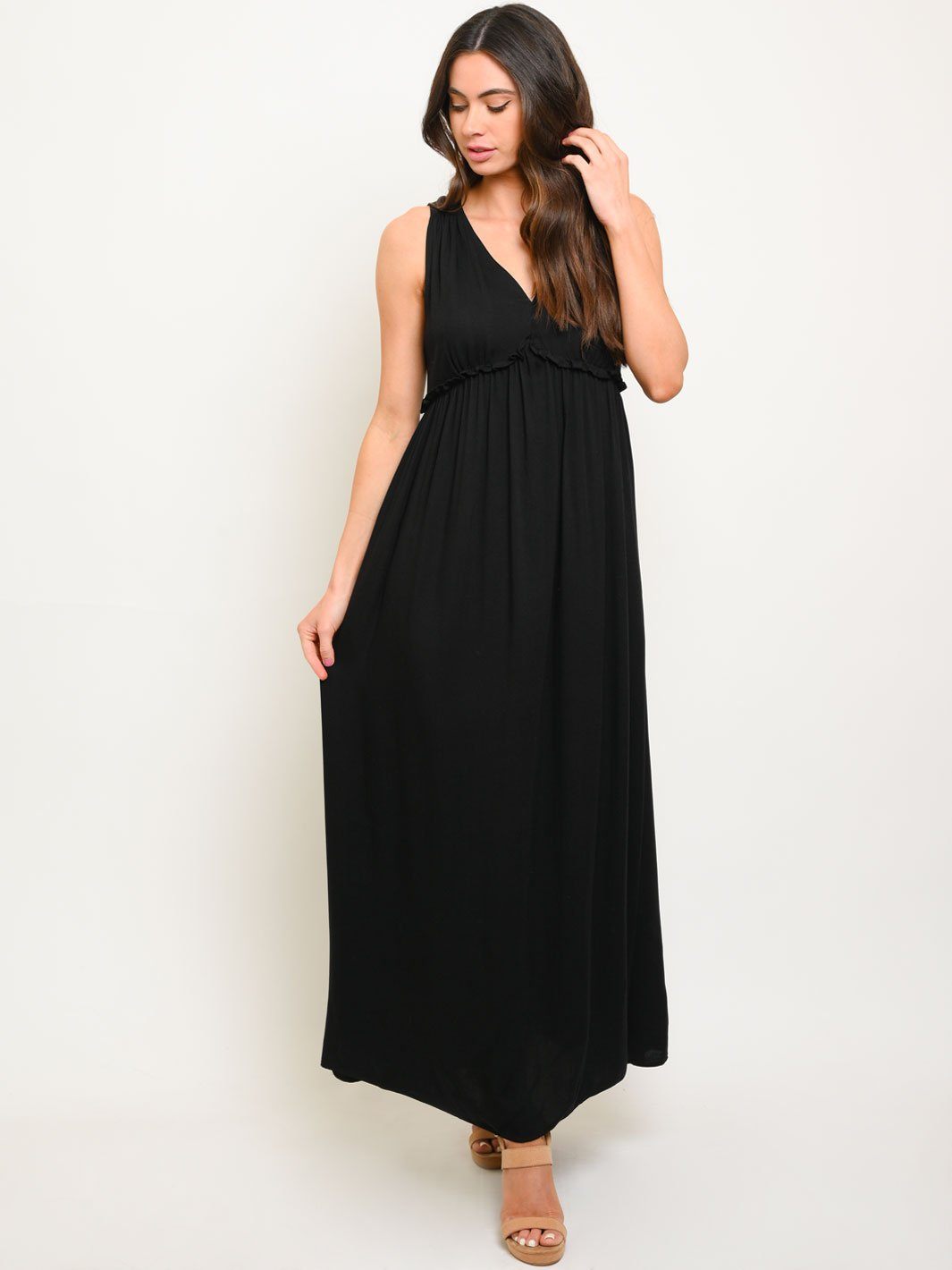 WOMEN'S V-NECK BLACK MAXI DRESS