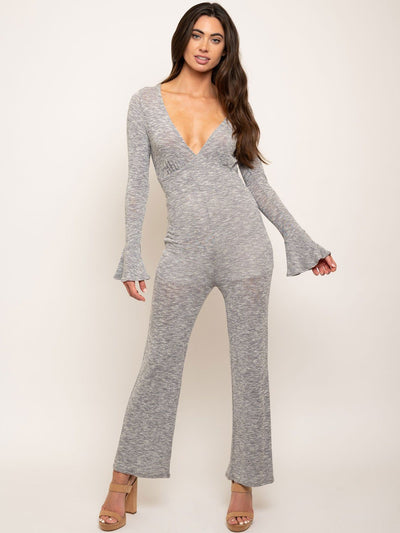 WOMEN'S LONG BELL SLEEVE V-NECK KNIT JUMPSUIT