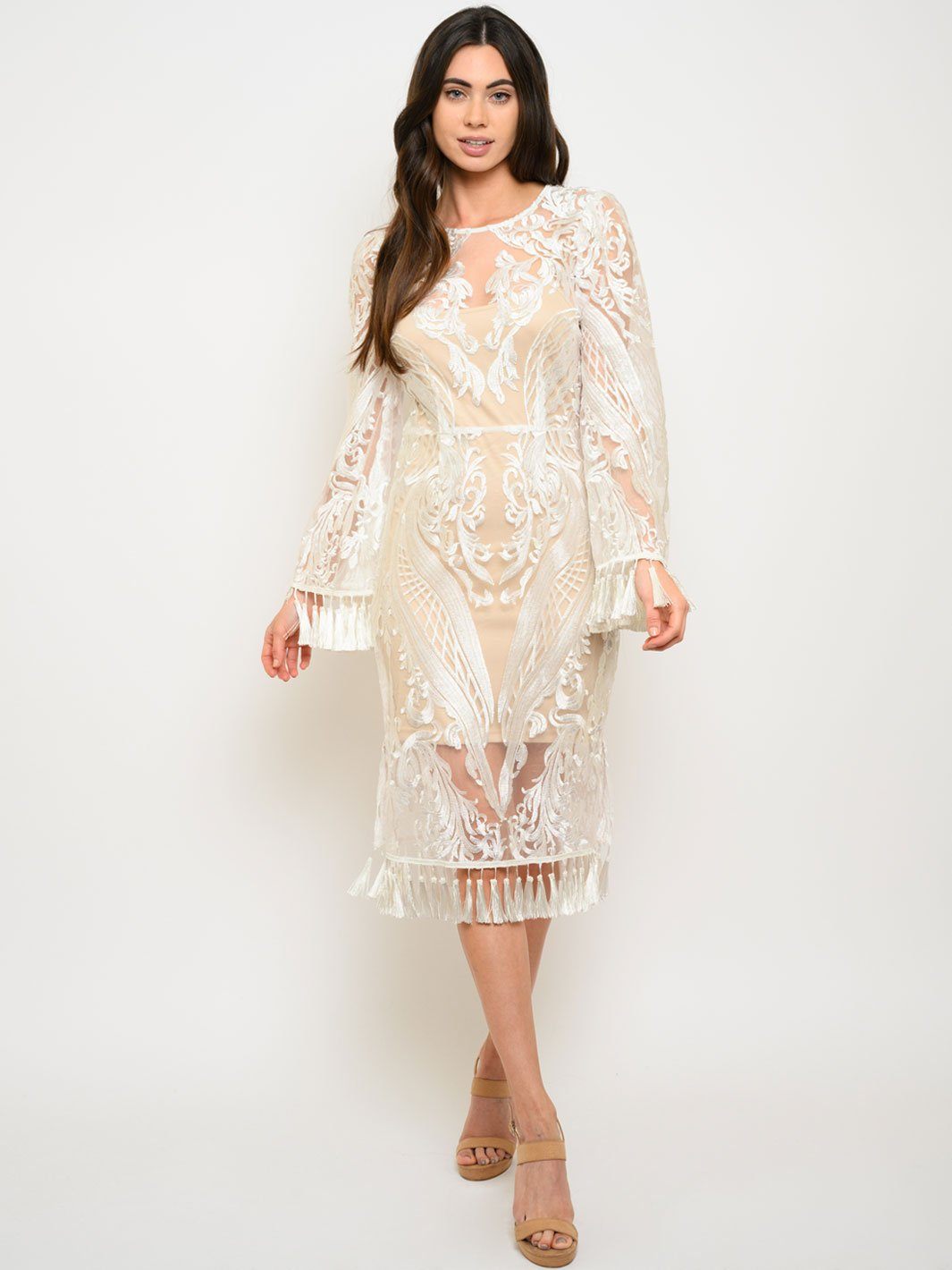 WOMEN'S 2PC. LACE TASSEL DETAIL LONG SLEEVE MIDI DRESS