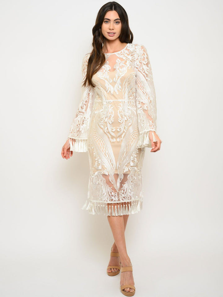 WOMEN'S 2PC. LACE TASSEL DETAIL LONG SLEEVE MIDI DRESS