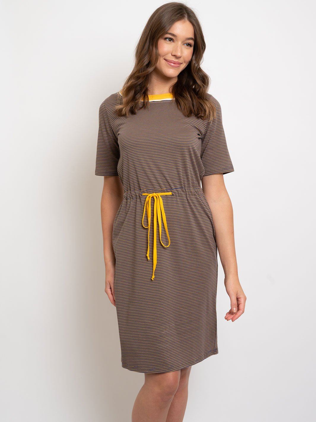 WOMEN'S STRIPPED SELF TIE MIDI DRESS