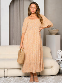 WOMEN'S SHORT PUFF SLEEVE SQUARE NECK FLORAL MAXI DRESS