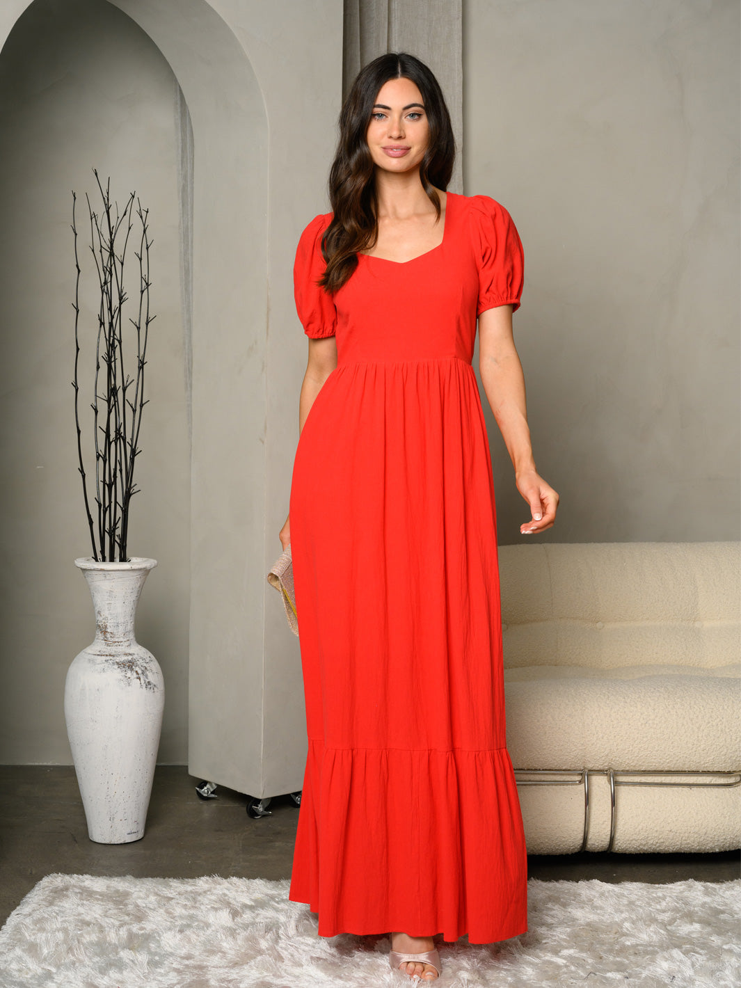 WOMEN'S SHORT PUFF SLEEVE BACK DETAILED MAXI DRESS