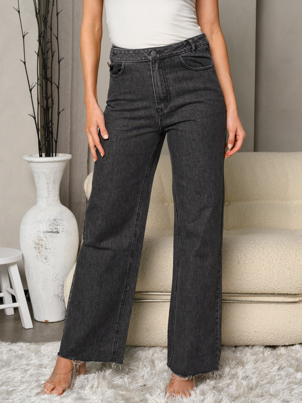 WOMEN'S ASYMMETRICAL WAISTBAND VINTAGE WASH DENIM JEANS