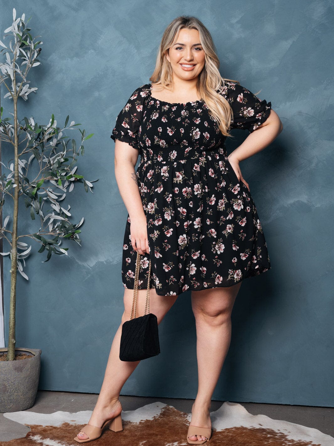 PLUS SIZE SHORT SLEEVE SMOCK FLORAL MINI DRESS