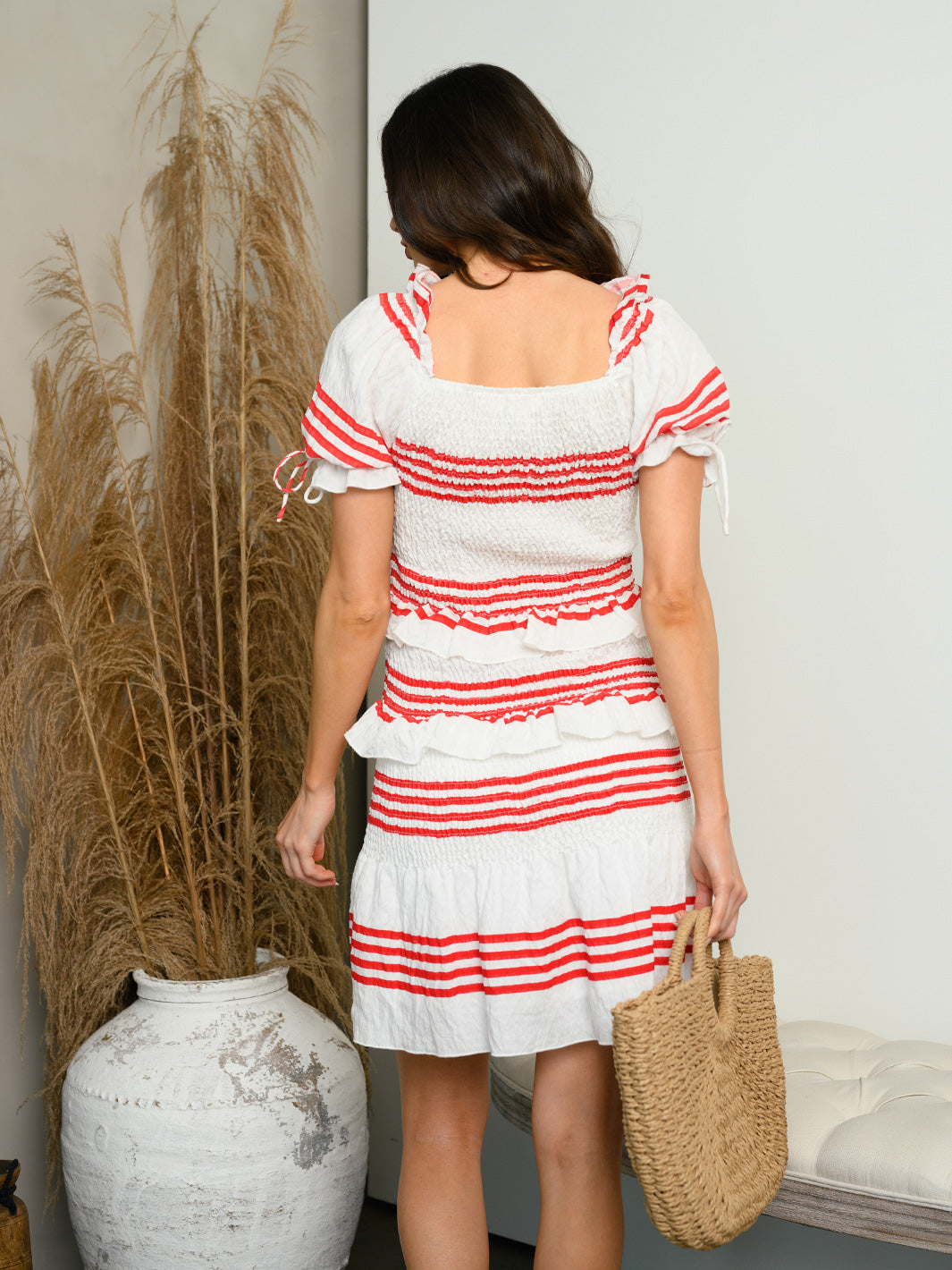 WOMEN'S SHORT SLEEVE SMOCK TIERED RUFFLE MINI DRESS
