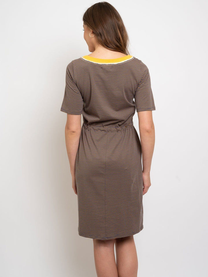 WOMEN'S STRIPPED SELF TIE MIDI DRESS