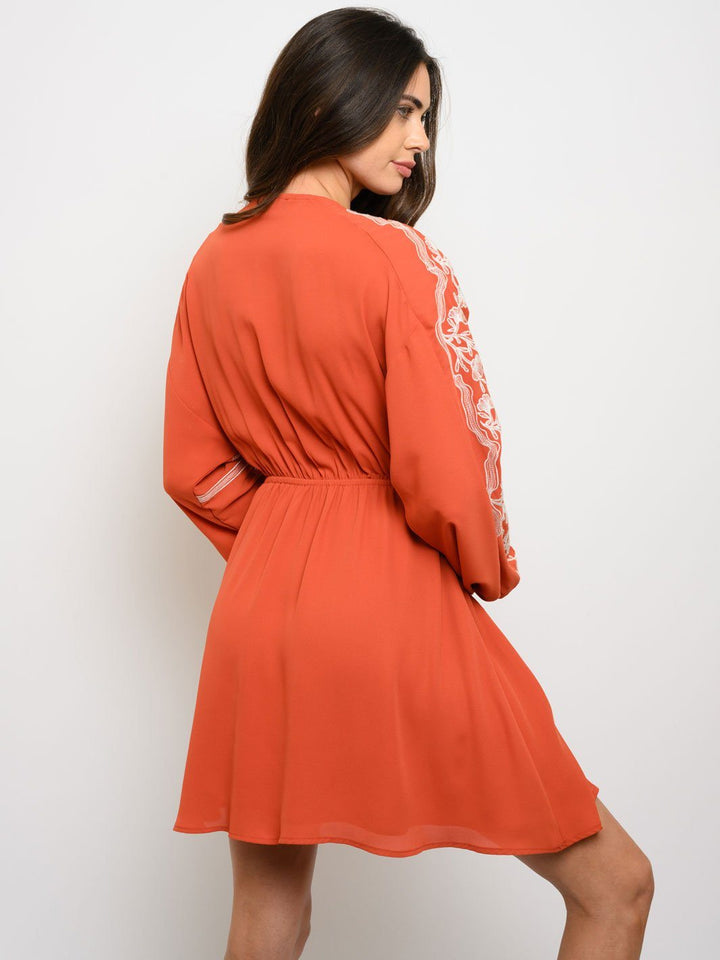 WOMEN'S KORI EMBROIDERY DETAIL PLUNGING LONG SLEEVE MINI DRESS