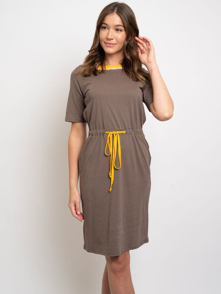WOMEN'S STRIPPED SELF TIE MIDI DRESS
