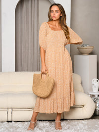 WOMEN'S SHORT PUFF SLEEVE SQUARE NECK FLORAL MAXI DRESS