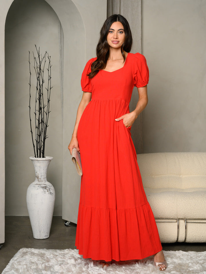 WOMEN'S SHORT PUFF SLEEVE BACK DETAILED MAXI DRESS