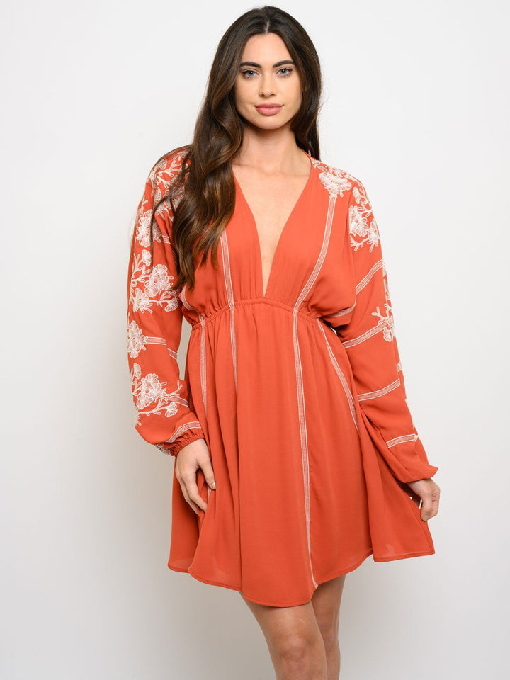 WOMEN'S KORI EMBROIDERY DETAIL PLUNGING LONG SLEEVE MINI DRESS