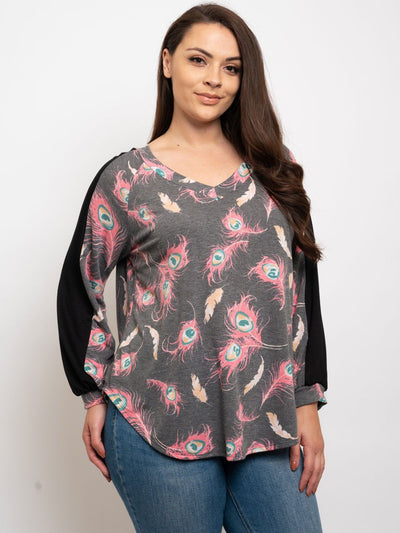 PLUS SIZE LONG SLEEVE PEACOCK PRINT TOP